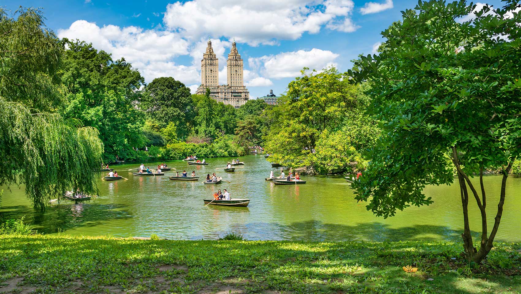 People in canoes in Central Park pond